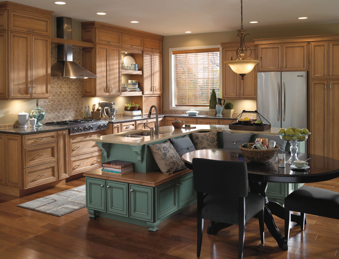 L-shaped kitchen island with bench seating.