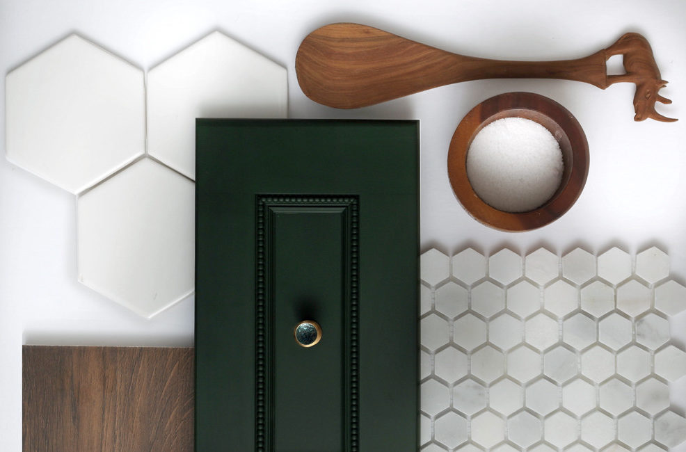 Kitchen mood board showing the materials and finishes selected for a kitchen.