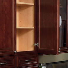 Close up of a framed cabinet with door open