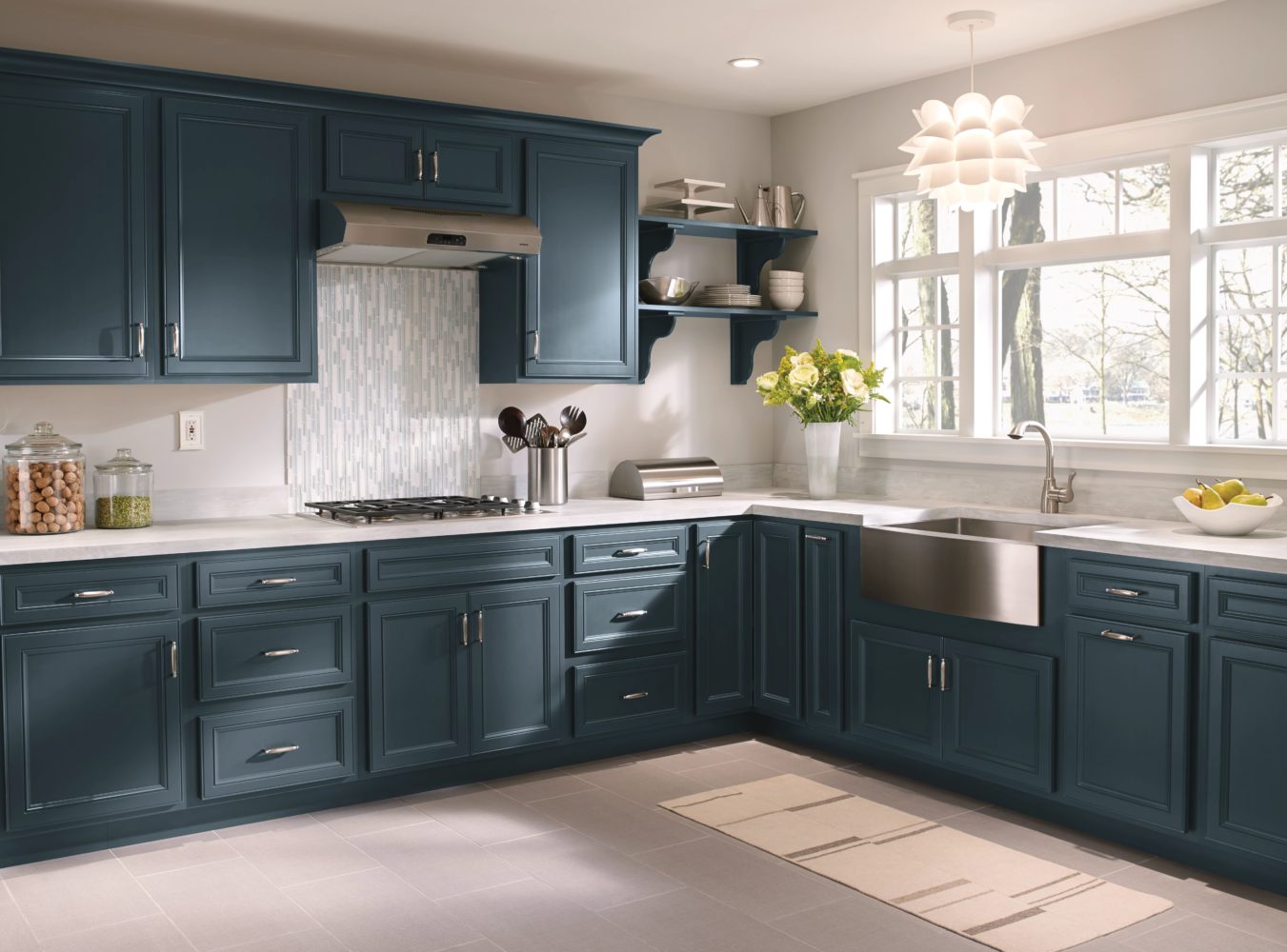 Kitchen cabinets demonstrating placement of decorative hardware.