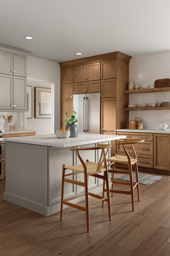 Kitchen with mixes finishes.