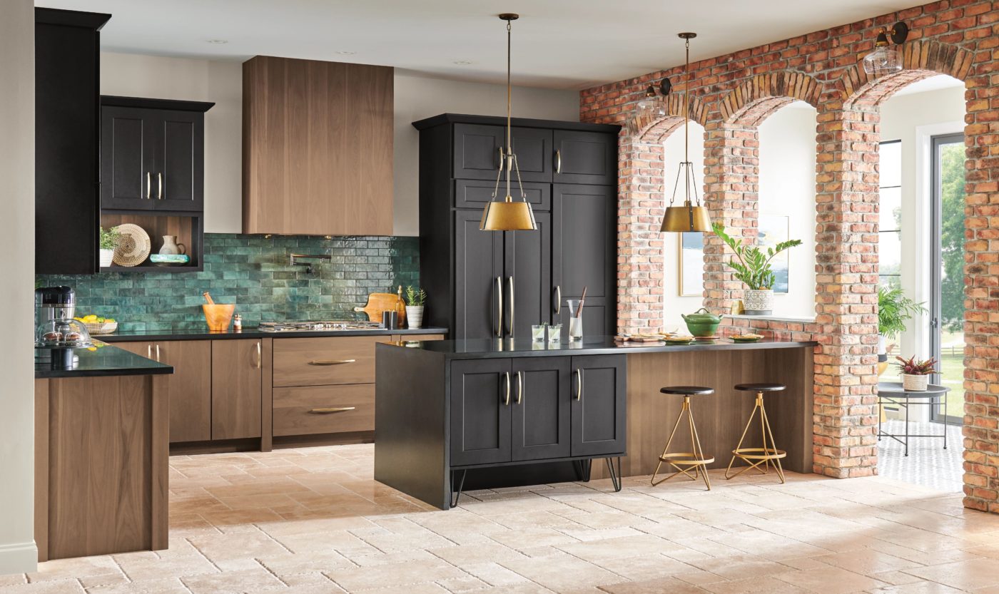 black paint and walnut kitchen design with open arches to the outdoor space