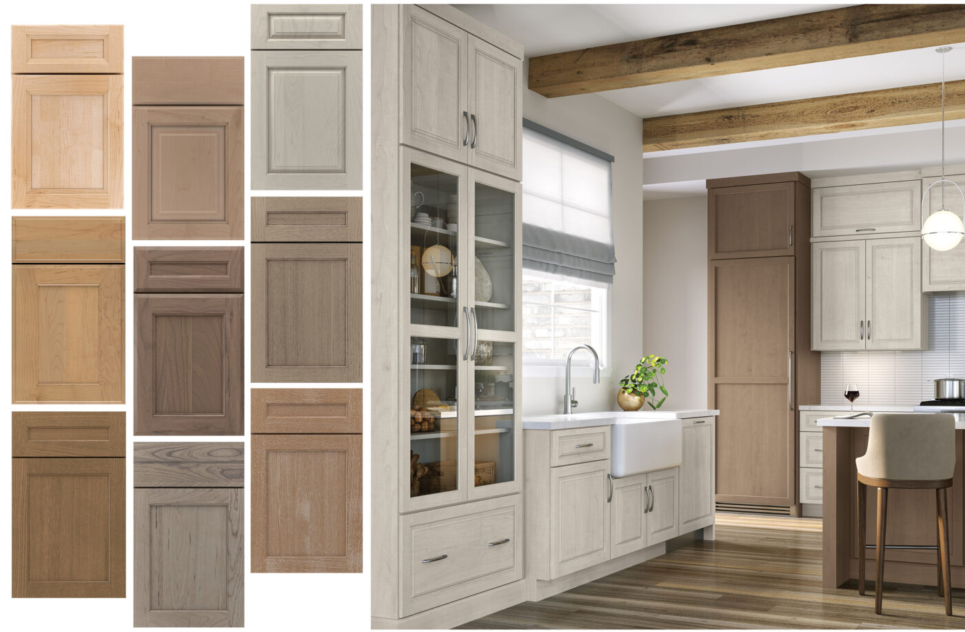 Cabinet doors and kitchen cabinets displaying new stain colors with gray, brown, and blonde undertones.